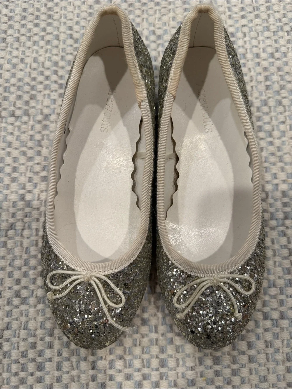 Silver Glitter Ballet Flats with Cream Trim and Bow
